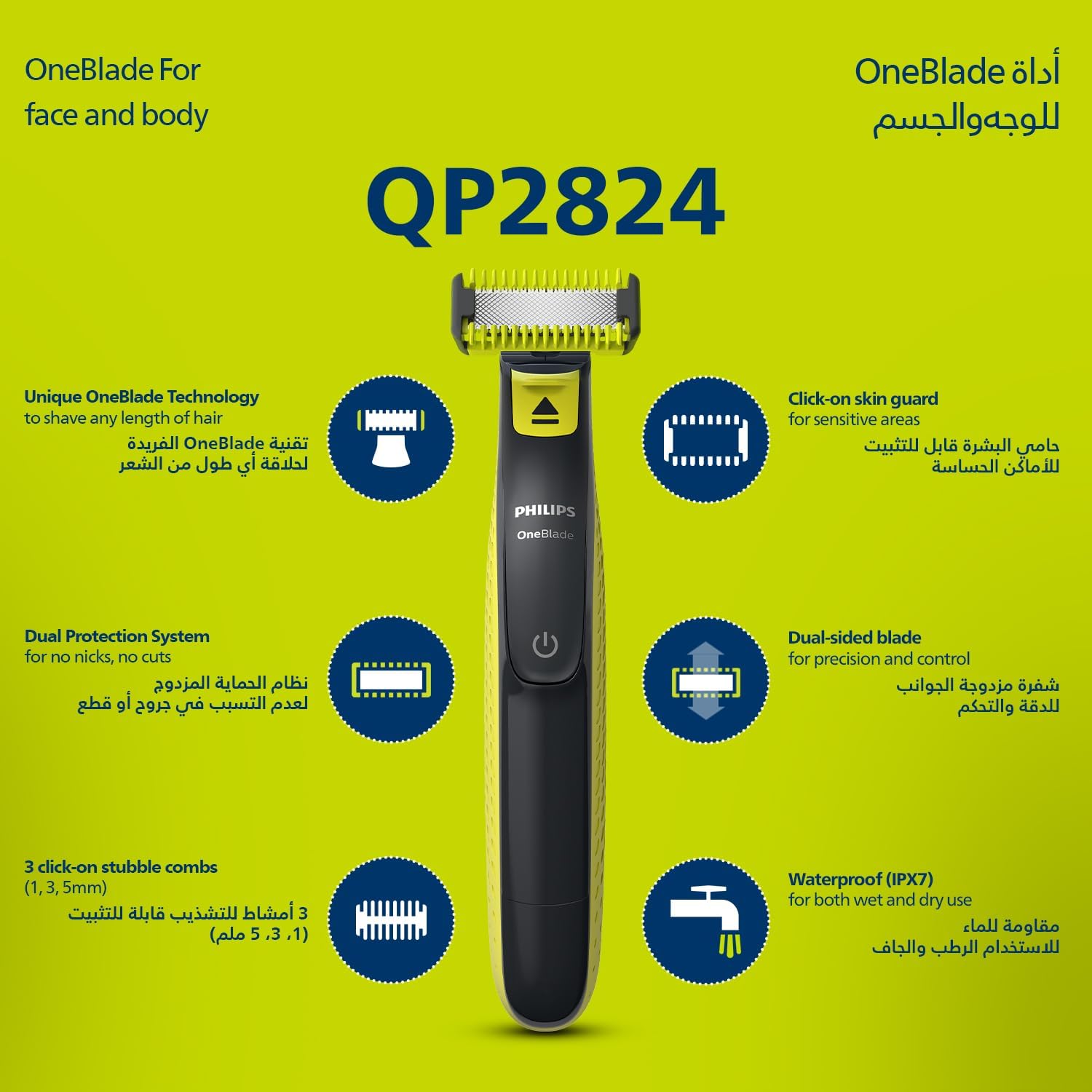 Philips OneBlade Face & Body QP2824 | Dual-Sided Blade | Unique OneBlade Technology | 45min Cordless | Waterproof | Electric Beard Trimmer & Shaver QP2824/10, Face+Body - تصویر 3